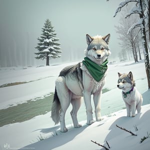 A small, trembling wolf pup with shaggy fur the color of sage green, lost in a foggy and haunted snow covered forest. Its eyes dart around nervously, searching for a way out. Suddenly, it spots a graveyard in the distance, sending shivers down its spine. The pup clutches onto its old, tattered green neck bandana for comfort, but it knows it's in for a spooky adventure.