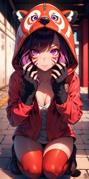 beautiful girl in an abandoned town, red_panda, paw_gloves, Fur_boots, animal_marking, face_paint, chocolate_hair, violet_eyes, furry_jacket,yofukashi background, zombies