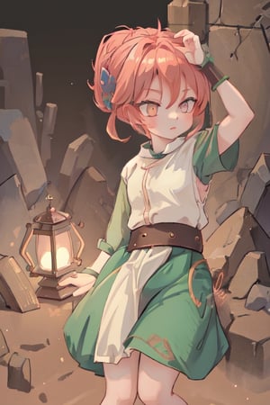 a 12-year-old female welsh grave digger with strawberry blonde hair and glowing ember eyes casting ghostly fire magic with an old magical miners lamp.,Adorable,1girl