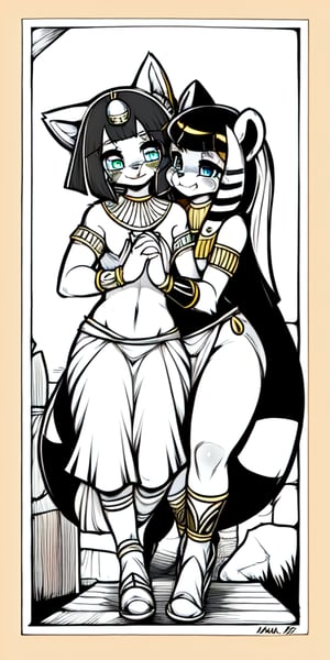 An injured happy female red_panda walking through in a Sami-Egyptian slum with her anubian_jackal boyfriend, line_art, Black_and_white, manga, 1_page, happy, boyfriend, hand_holding, hugging, ancient_egypt, egyptian loli (surio), loin_cloth, golden_jewelery, protected