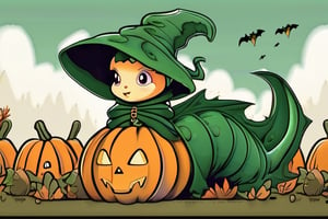 1930s style cartoon, the emerald dragon witch made of vines hiding in a spooky pumpkin patch on Halloween night