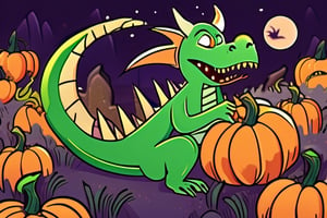 1930s style cartoon, the emerald dragon witch made of vines hiding in a spooky pumpkin patch on Halloween night