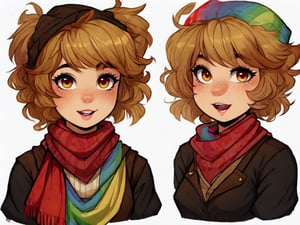 Emberlyn Coalhaven, a silly and sassy, Welsh young girl of 16, short_hair, strawberry_blonde,  cream and red_sweeter, Rainbow_scarf