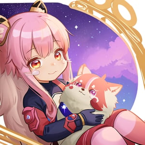 Gallia, an adorable and silly female red panda in a space suit with pink hair and purple and a sci-fi brass fantastical telescope, cute, storybook illustration,, white background, dieselpunk,furry,nanachi \(made in abyss\),kirara /(genshin impact/)