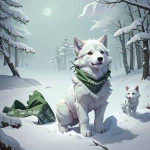 A small, trembling wolf pup with shaggy fur the color of sage green, lost in a foggy and haunted snow covered forest. Its eyes dart around nervously, searching for a way out. Suddenly, it spots a graveyard in the distance, sending shivers down its spine. The pup clutches onto its old, tattered green neck bandana for comfort, but it knows it's in for a spooky adventure.