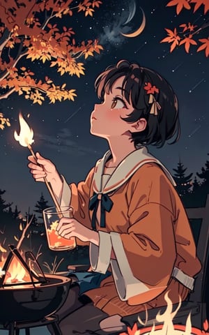 1930s (style), a loli girl roasting marshmallows over a campfire looking up at a stary night surrounded by maple trees, Sketch, autumn_leaves, star_(sky),Lofi,LOFI,cassdawnlvl1,day,EpicArt