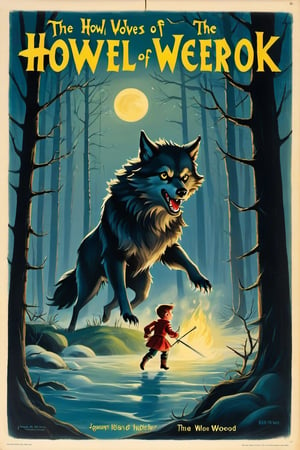 a 1950s movie poster for a 1920s Create a captivating and whimsical book cover for the juvenile horror/humor novel titled "The Howl of the Wendigo," part of the series "The Wolves of Blood Creek" by J.R. Ghostwood.