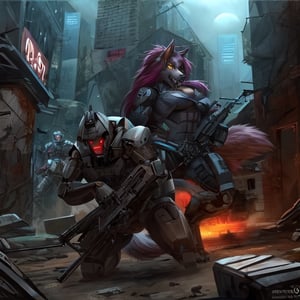 Robotic Werewolves battling a army of cyborg zombies in a deserted city, Cyborg, lycanthrope, long_hair, furry, animal_tail, anthro, zombies, surprise, fangs,sex robot,motoko2045wz, shotgun, warzone, werewolf 