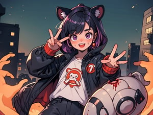 1930s (style), Comic, kawaii, master piece, beautiful boy in an abandoned zombie filled city, red_panda, paw_gloves, Fur_boots, animal_marking, face_paint, chocolate_hair, violet_eyes, furry_jacket,yofukashi background, zombies,hinata,1990s \(style\),kusanagi motoko,city,chundef, action_pose, battle_stance, back_pack,running,teenage , ripped_clothing, bloody_clothes, sweatpants,Circle,vectorstyle, happy_face, hungry,cammy sf6,c.c.,manga,manwha,chara-sheet, animal_tail