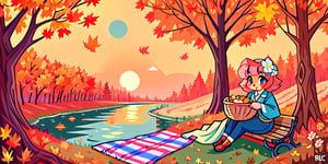 Solo_female,1930s (style), kawaii, outdoor, high_resolution, digital_art,|,a flowery field on a cool autumn afternoon next to a brook| old blankets, bench, picnic, ruck_sack, basket, sack|,vectorstyle