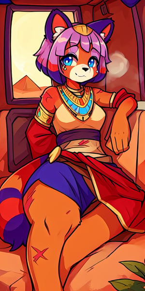 1930s (style), kawaii, inside a peaceful and relaxing small old fashion western train car, with the soft desert sun shinning softy through the front windows,  red_panda, ancient_egyptian, lavender_hair, blue_eyes, anthromorph, high_resolution, digital_art, cute_fang, golden_jewelry, messy_hair, curvy_figure, body scars, female, indoors, Red_fur, chest_fluff, relaxing, steam, laying_on_belly, fore_paws, loin_cloth,Building_Egyptian, tunic