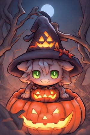 the emerald dragon witch made of vines hiding in a spooky pumpkin patch on Halloween night, Halloween, chibi,DragonCute