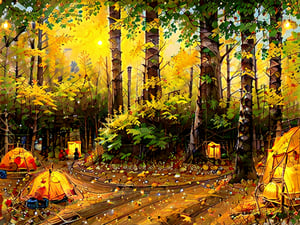 1930s (style),a campground surrounded by fall maple trees on a star-filled  night Sketch, autumn_leaves, star_(sky),Lofi,LOFI,cassdawnlvl1,day,EpicArt