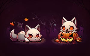 Comic_Strip, a cute scared wolf pup lost in a haunted forest, autumn_leaves, wolf, chibi, night, spooky,cute00d,Jack o 'Lantern,Cute_Ghost,xyzabcwalls