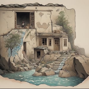 The Happy Bones Orphanage, a two-story Shotgun house with peeling paint and shattered windows, perched on the edge of a rugged canyon overlooking a cascading waterfall, kawaii, 1930s (style),isometric,ChineseWatercolorPainting,oil painting