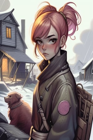  a young woman of 14 with short strawberry blonde hair tied up in messy ponytails and ember eyes armed with an Epee and miner's lanterns in cold barren island 1850s town at night during a terrible storm who is being hunted by Vampires, masterpiece, best quality,comic_book_cover, lycanthrope, amber_eyes, windy, raining, pink_hair,Extremely Realistic,3d style,sugar_rune,photo r3al