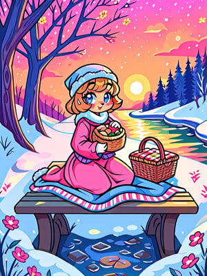 Solo_female,1930s (style), kawaii, outdoor, high_resolution, digital_art,|,a flowery field on a cold winter afternoon next to a brook| old blankets, bench, picnic, ruck_sack, basket, sack|,vectorstyle