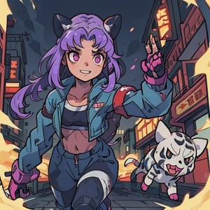 kawaii,mater piece, beautiful girl in an abandoned zombie filled city, red_panda, paw_gloves, Fur_boots, animal_marking, face_paint, chocolate_hair, violet_eyes, furry_jacket,yofukashi background, zombies,hinata,1990s \(style\),kusanagi motoko,city,chundef, action_pose, battle_stance, back_pack,running,teenage , ripped_clothing, bloody_clothes, sweatpants,Circle,vectorstyle, happy_face, hungry,cammy sf6,c.c.