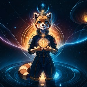 Galali, a male kawaii furry suit of a red panda golden retriever hybrid with glowing celestial constellation markings fully body portray wearing a bohemian space suit, with Sami symbolism embroidered on his shirt, surrounded by the dieselpunk space station orbiting Uranus, complex lighting and shadows, Cute and fluffy, Brass jewelry, shiny, sunlight fractal details, depth of field, detailed gorgeous face, Sci-Fi environment, natural body posture, professional photographer, captured with professional DSLR camera, 64k, ultra-detailed, ultra-accurate detailed, bokeh lighting, surrealism, ultra unreal engine, intricate, epic,fantasy_princess,Circle