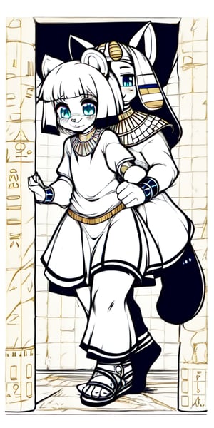 An injured happy female red_panda walking through in a Sami-Egyptian slum with her anubian_jackal boyfriend, line_art, Black_and_white, manga, 1_page, happy, boyfriend, hand_holding, hugging, ancient_egypt, egyptian loli (surio), loin_cloth, golden_jewelery, protected, sandal