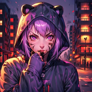 mater piece, beautiful girl in an abandoned town, red_panda, paw_gloves, Fur_boots, animal_marking, face_paint, chocolate_hair, violet_eyes, furry_jacket,yofukashi background, zombies,hinata,1990s \(style\),kusanagi motoko,city