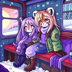 1930s (style), kawaii, indoors, high_resolution, digital_art,|inside a broken down dirty, old abandoned train car with the soft winter sun shinning softy through the windows| old blankets, bench,old mattress, ruck_sack, oil_lanterns, sack|,red_panda, anthromorph, violet_fur, curvy_figure| long_lavender_hair, bed_head, streaked_hair,|,sapphire_eyes, cute_fang, body scars,| cute, ripped_clothing, green_winter_clothes, stained_jacket, gloves, boots,|, happy_face, arms_crossed,teenage, crossed_legs_(sitting), sickness,