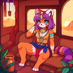 1930s (style), kawaii, inside a peaceful and relaxing small old fashion western train car, with the soft desert sun shinning softy through the front windows,  red_panda, ancient_egyptian, lavender_hair, blue_eyes, anthromorph, high_resolution, digital_art, cute_fang, golden_jewelry, messy_hair, curvy_figure, body scars, female, indoors, Red_fur, chest_fluff, relaxing, fore_paws, loin_cloth,Building_Egyptian, tunic, foot-pads, crossed_legs