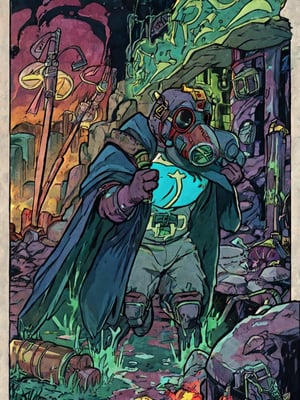 In a desolate world, a young grave digger boy roams the Bioluminescent tundra graveyard, his fur cloak and gas mask shielding him from the toxic air. With his magical miner's lantern and pick ax, he navigates the retro-future, hydro-punk landscape, reminiscent of a 1930s cartoon. But in this world, danger lurks around every corner. Will he find fortune or meet his doom on this treacherous journey?,gas mask,plague_doctor_mask 