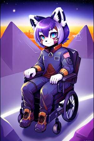 1930s (style),furry, kawaii, red_panda, ancient_egyptian, lavender_hair, blue_eyes, anthromorph, high_resolution, digital_art, cute_fang, golden_jewelry, messy_hair, curvy_figure, body scars, male, space suite, future, soldier, ,kusanagi motoko, city, wheelchair, outer_space, space_ship