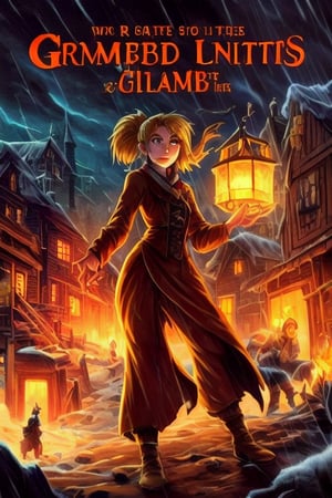 1990's book cover for a  juvenile cartoon horror with letters that look like melted wax for "Grim Night, by J.R. Ghostwood" a young woman of 14 with short strawberry blonde hair tied up in messy ponytails and ember eyes armed with an Epee and miner's lanterns in cold barren island 1850s town at night during a terrible storm who is being hunted by Vampires,fantasy00d