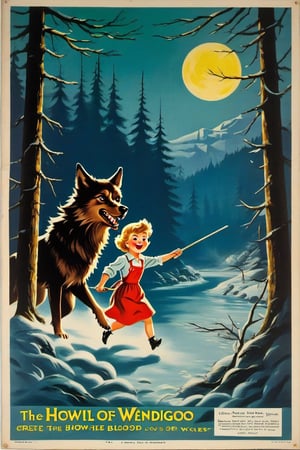 a 1950s movie poster for a 1920s Create a captivating and whimsical book cover for the juvenile horror/humor novel titled "The Howl of the Wendigo," part of the series "The Wolves of Blood Creek" by J.R. Ghostwood.