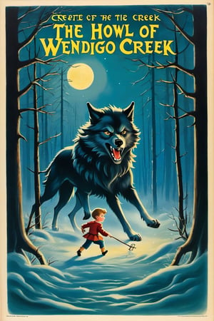 a 1950s movie poster for a 1920s Create a captivating and whimsical book cover for the juvenile horror/humor novel titled "The Howl of the Wendigo," part of the series "The Wolves of Blood Creek" by J.R. Ghostwood.