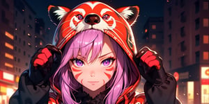 beautiful girl in an abandoned town, red_panda, paw_gloves, Fur_boots, animal_marking, face_paint, chocolate_hair, violet_eyes, furry_jacket,yofukashi background