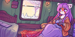 1930s (style), kawaii, female_solo ,oil_lanterns, inside a broken down dirty,  old abandoned train car with the soft winter sun shinning softy through the front windows, old blankets, bench,old mattress, red_panda, violet_fur, long_lavender_hair, sapphire_eyes, anthromorph, cute_fang, bed_head, curvy_figure, body scars, indoors, , boho_dress, streaked_hair, sleepy, happy_face, cute, ripped_clothing, poor, winter_clothes, sack, gloves, arms_crossed,stained clothes,teenage, crossed_legs_(sitting), sick, backpack, heater