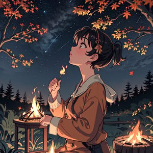 1930s (style), a loli girl roasting marshmallows over a campfire looking up at a stary night surrounded by maple trees, Sketch, autumn_leaves, star_(sky),Lofi,LOFI,cassdawnlvl1,day,EpicArt