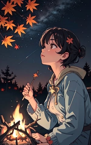 1930s (style), a loli girl roasting marshmallows over a campfire looking up at a stary night surrounded by maple trees, Sketch, autumn_leaves, star_(sky),Lofi,LOFI,cassdawnlvl1,day,EpicArt