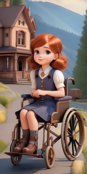 1930s (style), kawaii, a young shy young copper-haired girl in a wheelchair with a metal leg brace on her left leg, surrounded by a haunted 1920s Oregon mountain town, nestled in the cliffs, ,MetalAI,3d style,xxmixgirl,steampunk style,lofi