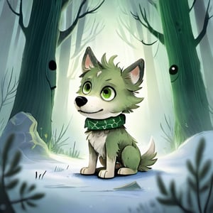 (masterpiece, best quality, ultra-detailed, 8K) A small, trembling wolf pup with shaggy fur the color of sage green, lost in a foggy and haunted forest. Its eyes dart around nervously, searching for a way out. SuddeaA small, trembling wolf pup with shaggy fur the color of sage green, lost in a foggy and haunted snow-covered forest. Its eyes dart around nervously, searching for a way out. Suddenly, it spots a graveyard in the distance, sending shivers down its spine. The pup clutches onto its old, tattered green neck bandana for comfort, but it knows it's in for a spooky adventure. only, it spots a graveyard in the distance, sending shivers down its spine. The pup clutches onto its old, tattered green neck bandana for comfort, but it knows it's in for a spooky adventure.