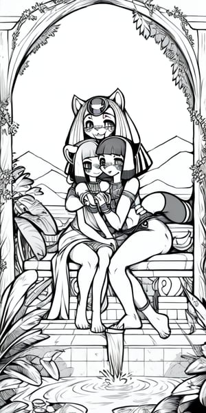 An injured happy female red_panda sitting in a Sami-Egyptian slum with her anubian_jackal boyfriend, line_art, Black_and_white, manga, 1_page, happy, boyfriend, hand_holding, hugging, ancient_egypt, egyptian loli (surio), loin_cloth, golden_jewelery, protected, sit, fountain, holding_knees, jungle, foliage, love, curvy_figure, b&w, ruin, high_res, friendship, afraid, mountains