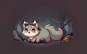 a cute scared wolf pup with sage colored fur lost in a haunted forest, Chibi, sage