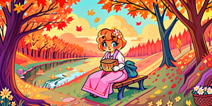 Solo_female,1930s (style), kawaii, outdoor, high_resolution, digital_art,|,a flowery field on a cool autumn afternoon next to a brook| old blankets, bench, picnic, ruck_sack, basket, sack|,vectorstyle