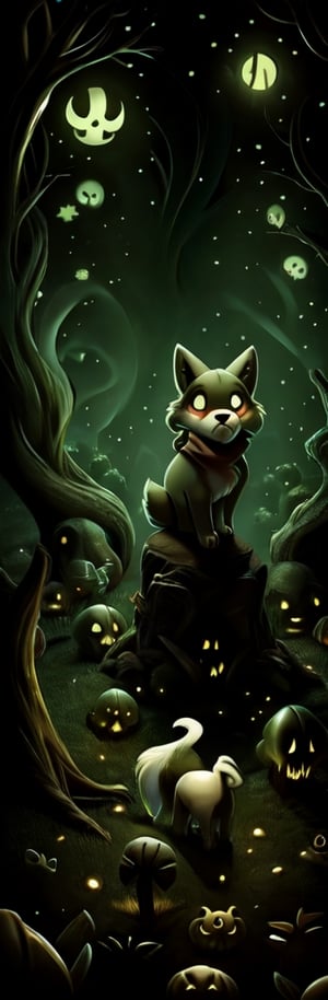 A small, trembling wolf pup with shaggy fur the color of sage green, lost in a foggy and haunted forest. Its eyes dart around nervously, searching for a way out. Suddenly, it spots a graveyard in the distance, sending shivers down its spine. The pup clutches onto its old, tattered green neck bandana for comfort, but it knows it's in for a spooky adventure.