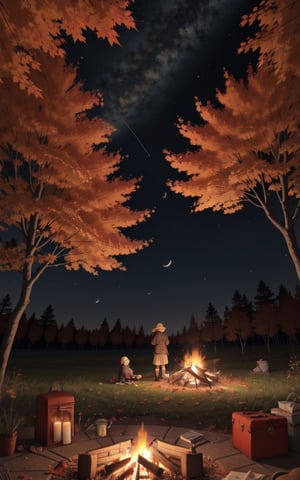 1930s (style), a loli girl roasting marshmallows over a campfire looking up at a stary night surrounded by maple trees, Sketch, autumn_leaves, star_(sky),Lofi,LOFI,cassdawnlvl1,day,EpicArt