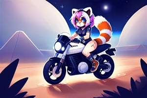 1930s (style),furry, kawaii, red_panda, ancient_egyptian, lavender_hair, blue_eyes, anthromorph, high_resolution, digital_art, cute_fang, golden_jewelry, messy_hair, curvy_figure, body scars, female, space suite, future, soldier, ,kusanagi motoko, city, outer_space, space_ship, raining, dripping, soaking, soaked, sexy, animal_tail, fore_paw, motorcycle, space_bike, motion_lines, dynamic_pose, helmet, racing, flying