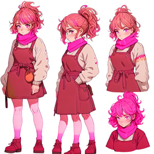 Emberlyn Coalhaven, a silly and sassy Welsh young girl of 16 with short copper-blonde hair with pink highlights, tied up in messy ponytail and ember eyes, cream and red hand-knitted wool sweater, leather apron, pink rainbow scarf, white background, character sheet, front view, side view, back view, full body,ppcp