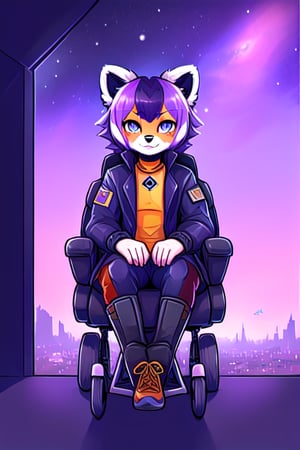 1930s (style),furry, kawaii, red_panda, ancient_egyptian, lavender_hair, blue_eyes, anthromorph, high_resolution, digital_art, cute_fang, golden_jewelry, messy_hair, curvy_figure, body scars, male, space suite, future, soldier, ,kusanagi motoko, city, wheelchair