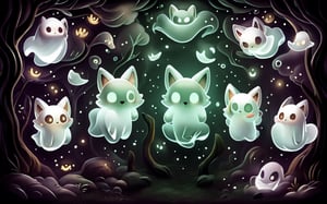a cute scared wolf pup with sage colored fur lost in a haunted foggt forest, Chibi, sage, fog, ghosts,forest