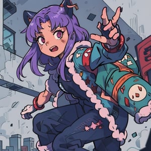 kawaii,mater piece, beautiful girl in an abandoned zombie filled city, red_panda, paw_gloves, Fur_boots, animal_marking, face_paint, chocolate_hair, violet_eyes, furry_jacket,yofukashi background, zombies,hinata,1990s \(style\),kusanagi motoko,city,chundef, action_pose, battle_stance, back_pack,running,teenage , ripped_clothing, bloody_clothes, sweatpants,Circle,vectorstyle, happy_face, hungry,cammy sf6,c.c.