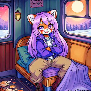 Solo_female,1930s (style), kawaii, indoors, high_resolution, digital_art,|inside a broken down dirty, old abandoned train car with the soft winter sun shinning softy through the windows| old blankets, bench,old mattress, ruck_sack, oil_lanterns, sack|,red_panda, anthromorph, violet_fur, curvy_figure| long_lavender_hair, bed_head, streaked_hair,|,sapphire_eyes, cute_fang, body scars,| cute, ripped_clothing, green_winter_clothes, stained_jacket, gloves, boots,|, happy_face, arms_crossed,teenage, crossed_legs_(sitting), sickness, soup