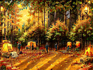 1930s (style),a campground surrounded by fall maple trees on a star-filled  night Sketch, autumn_leaves, star_(sky),Lofi,LOFI,cassdawnlvl1,day,EpicArt